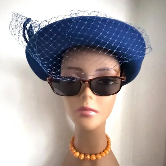 Vintage 50s USA Bollman Tilt Hat Cobalt Royal Blue Wool Brim Veil Feather Fedora
